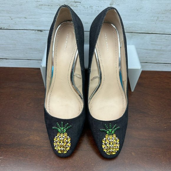 Zara Woman Denim Slip On Block Heel Shoes Rhinestone Pineapple Size 9.5 / 40 - Picture 6 of 9